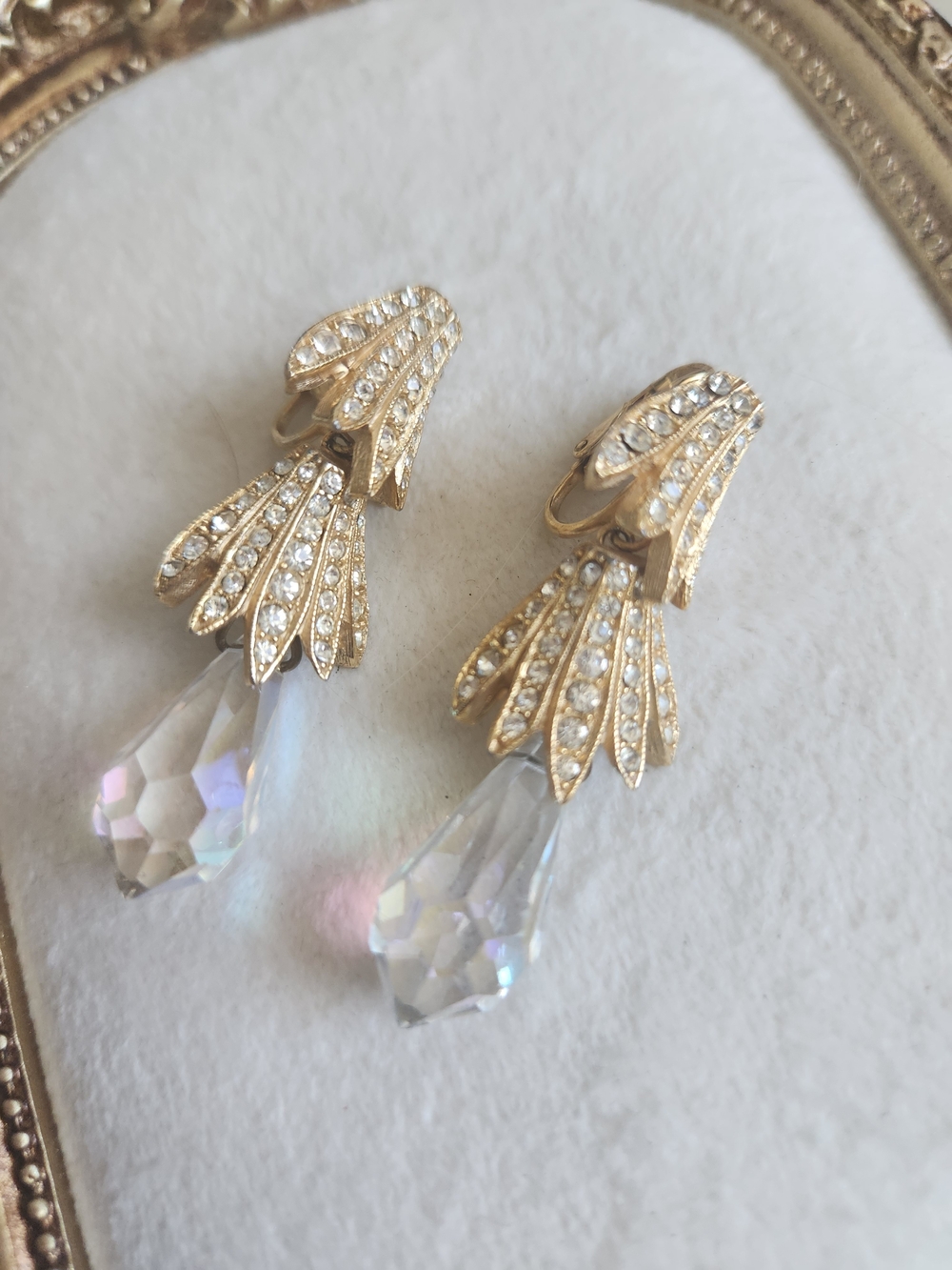 Vintage Gold and Clear Crystal Drop Clip-On Earrings